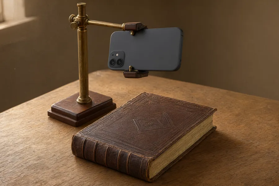 A phone on a brass stand above an antique book
