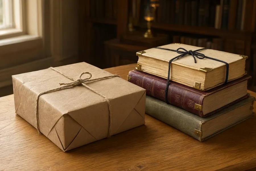 A wrapped parcel next to a tied stack of old books